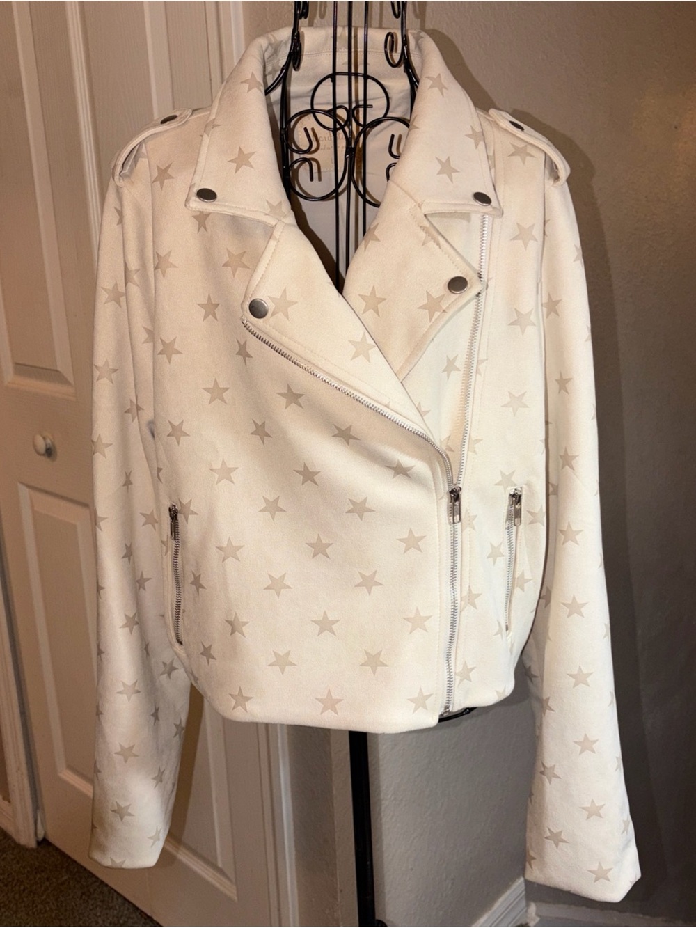 Altar'd State Cream Star-Print Moto Bomber Jacket